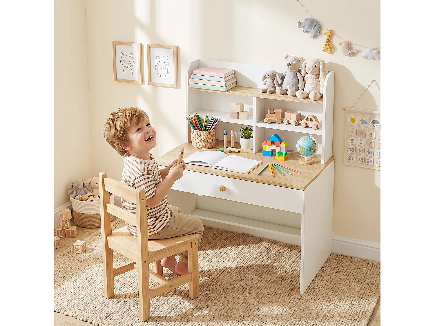 Scrivania bambini con libreria e cassetto in legno bianco