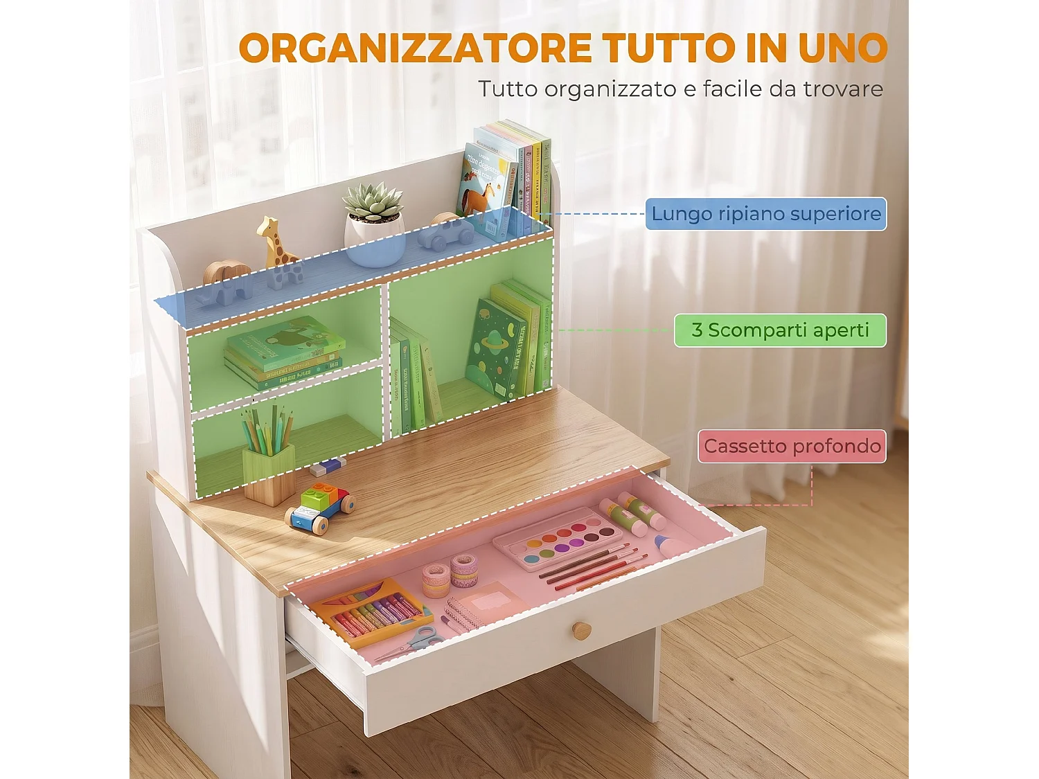Scrivania bambini con libreria e cassetto in legno bianco