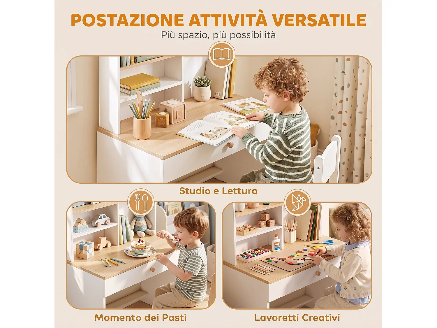 Scrivania bambini con libreria e cassetto in legno bianco