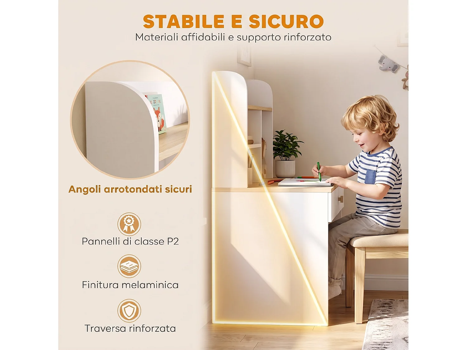 Scrivania bambini con libreria e cassetto in legno bianco