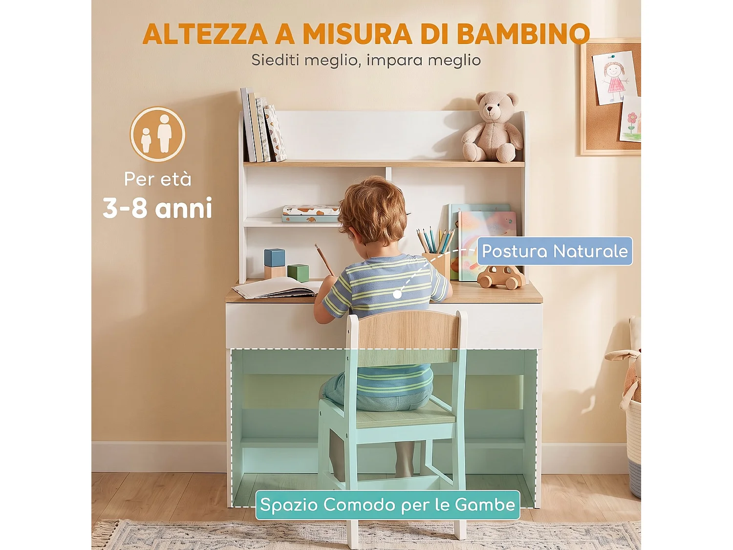 Scrivania bambini con libreria e cassetto in legno bianco