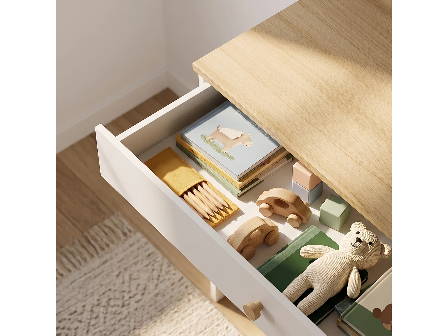Scrivania bambini con libreria e cassetto in legno bianco