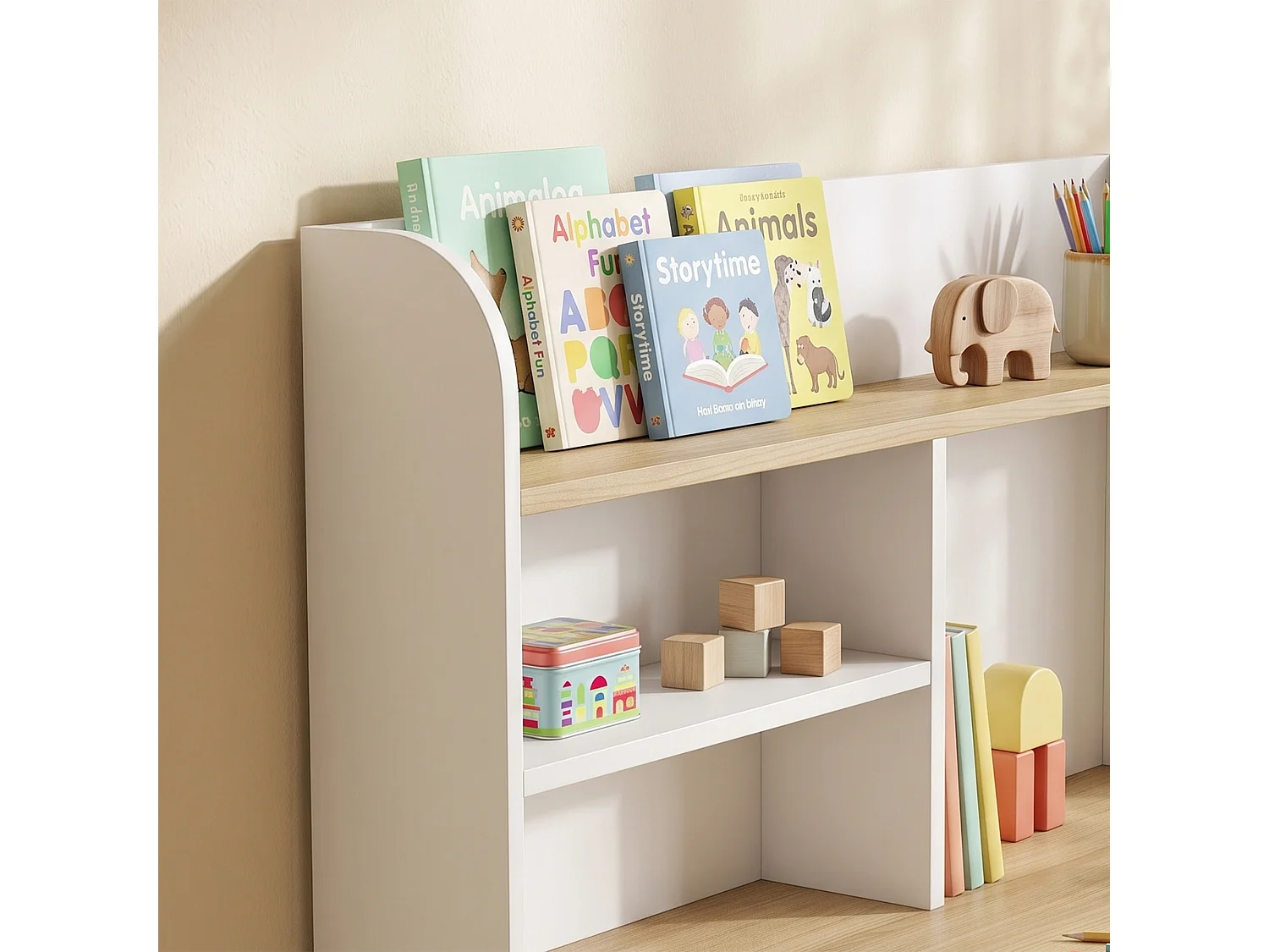 Scrivania bambini con libreria e cassetto in legno bianco