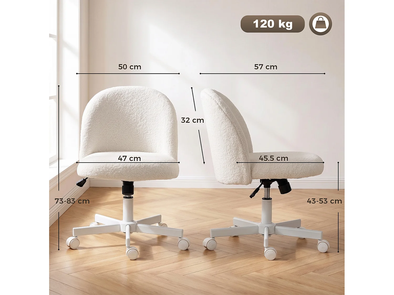 Sedia da ufficio girevole con altezza regolabile in sherpa crema