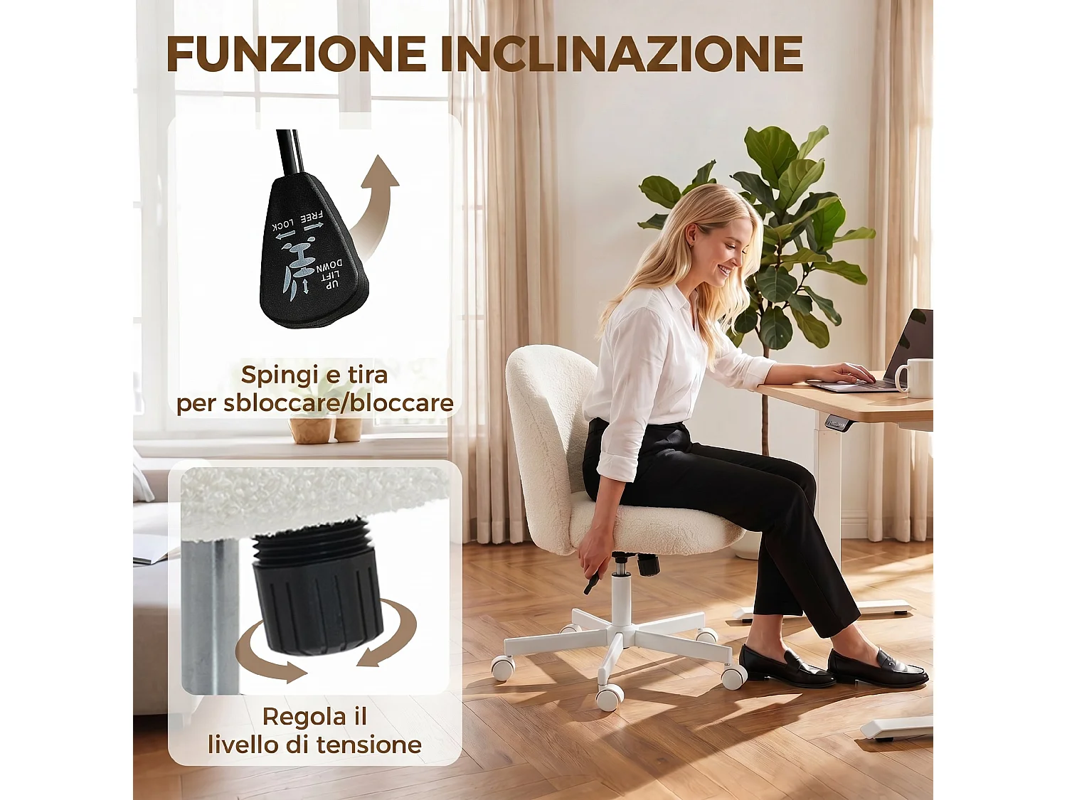 Sedia da ufficio girevole con altezza regolabile in sherpa crema