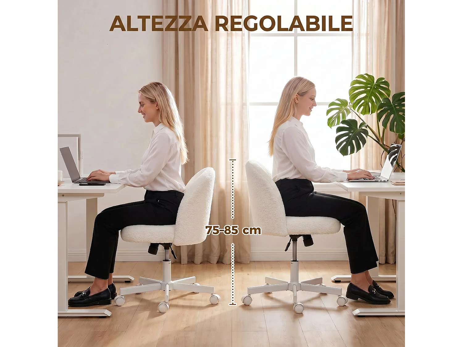 Sedia da ufficio girevole con altezza regolabile in sherpa crema