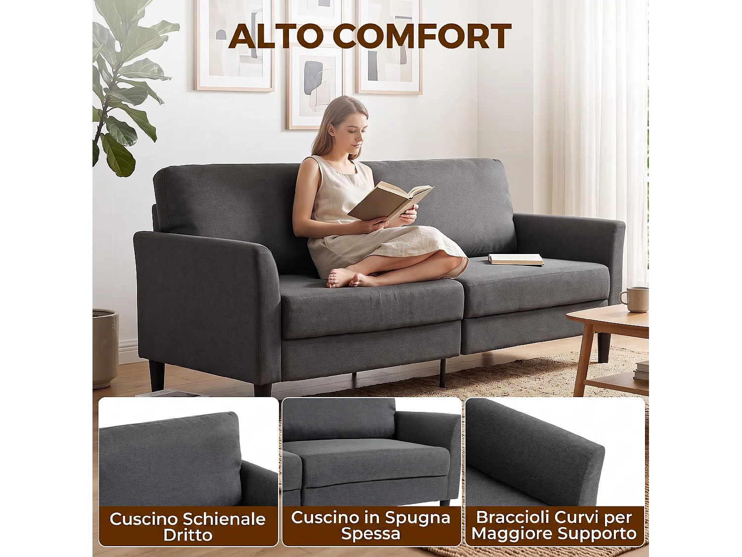 Divano 3 posti moderno in tessuto effetto lino grigio scuro