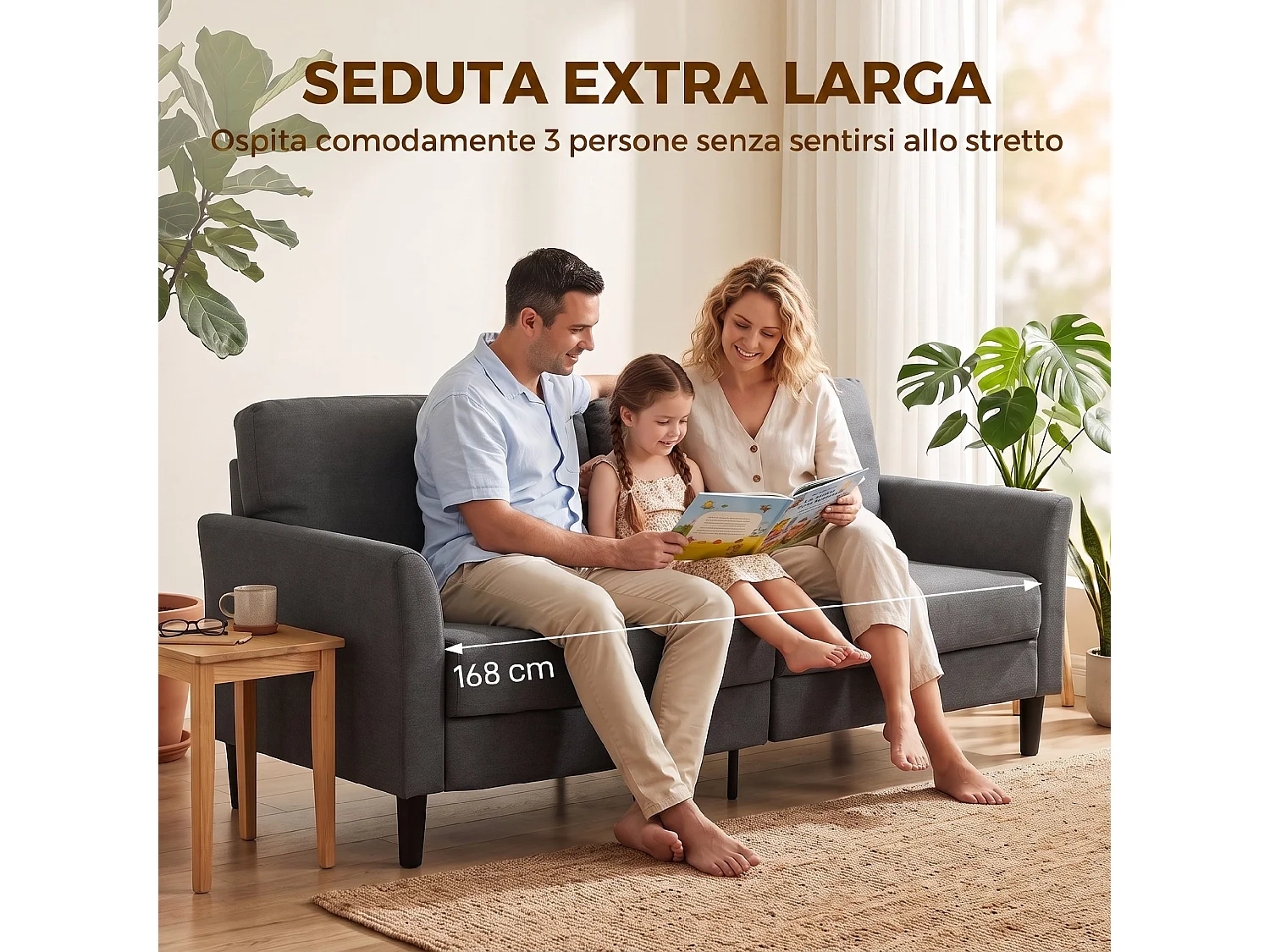 Divano 3 posti moderno in tessuto effetto lino grigio scuro
