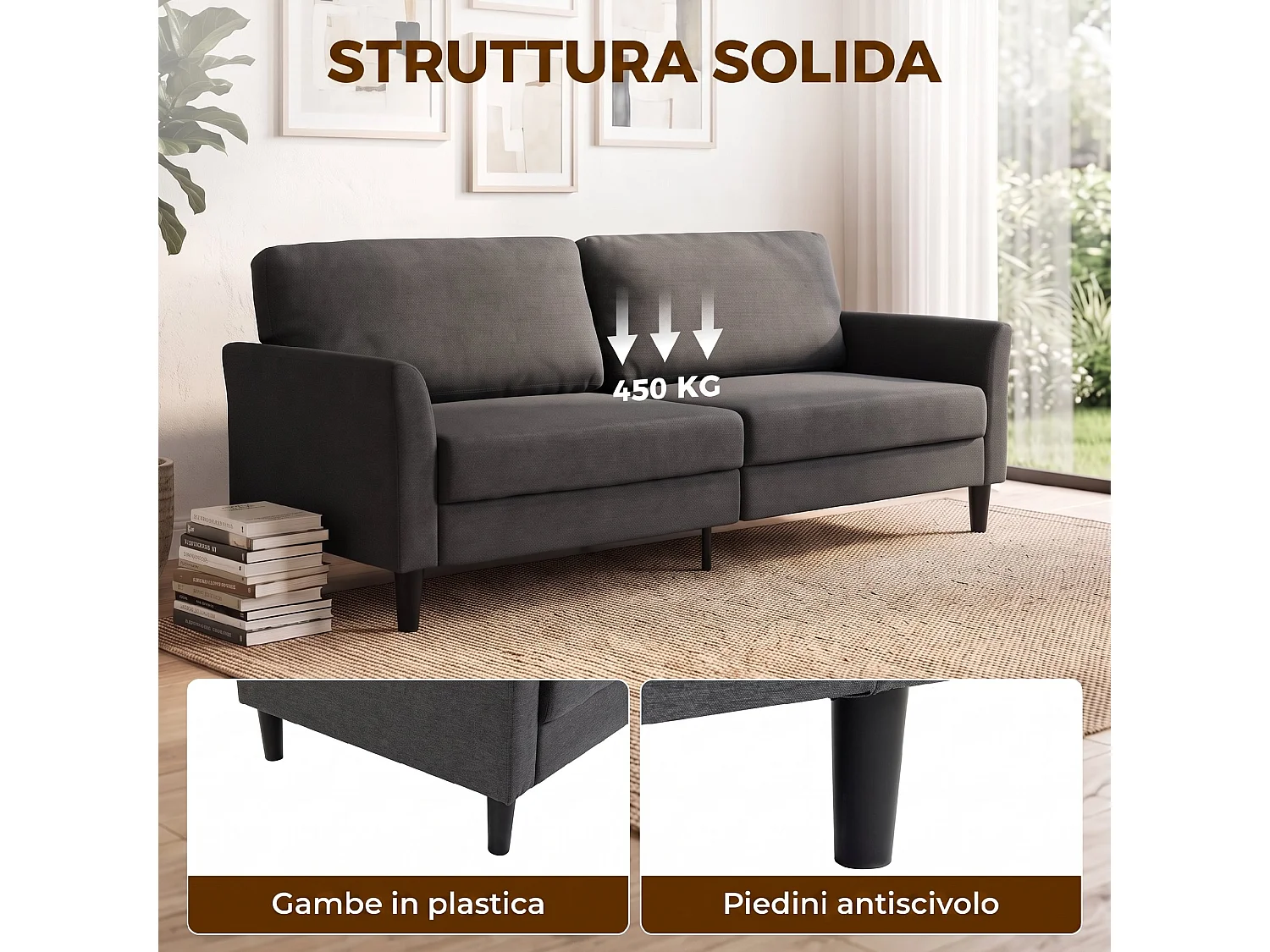 Divano 3 posti moderno in tessuto effetto lino grigio scuro