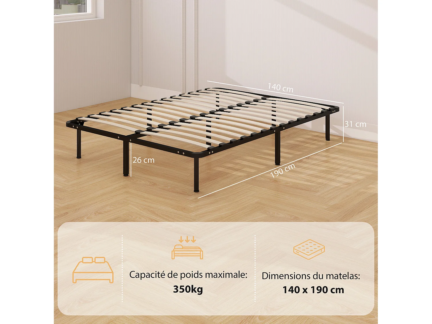 Struttura Letto Matrimoniale 140x190 cm a 28 Doghe in Legno Nero