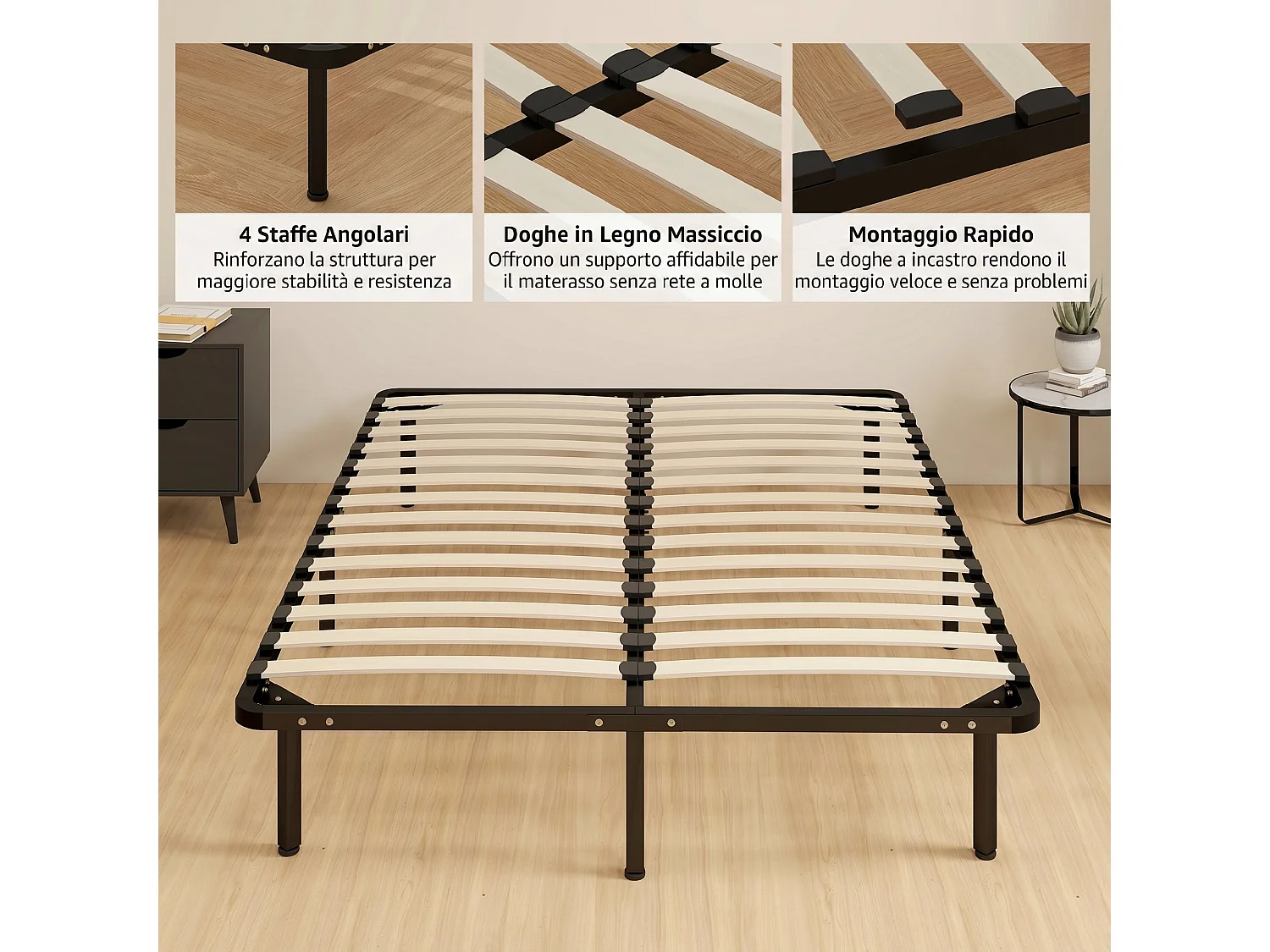 Struttura Letto Matrimoniale 140x190 cm a 28 Doghe in Legno Nero