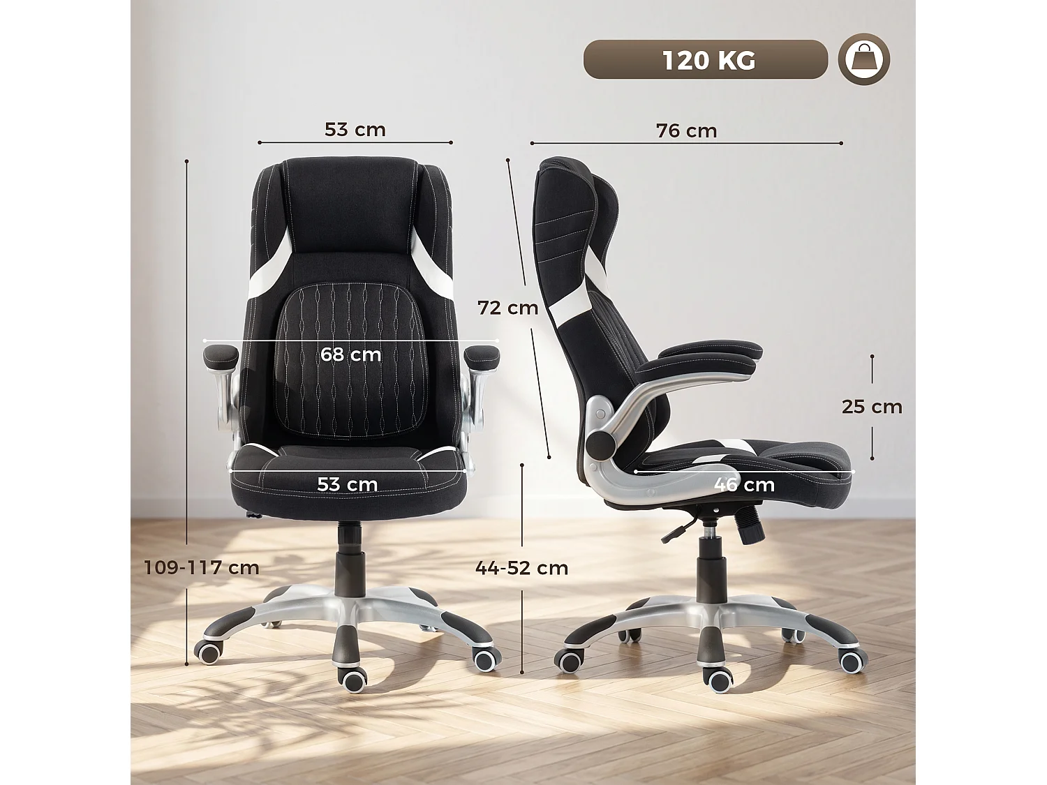 Sedia da ufficio ergonomica girevole in tessuto effetto lino nero