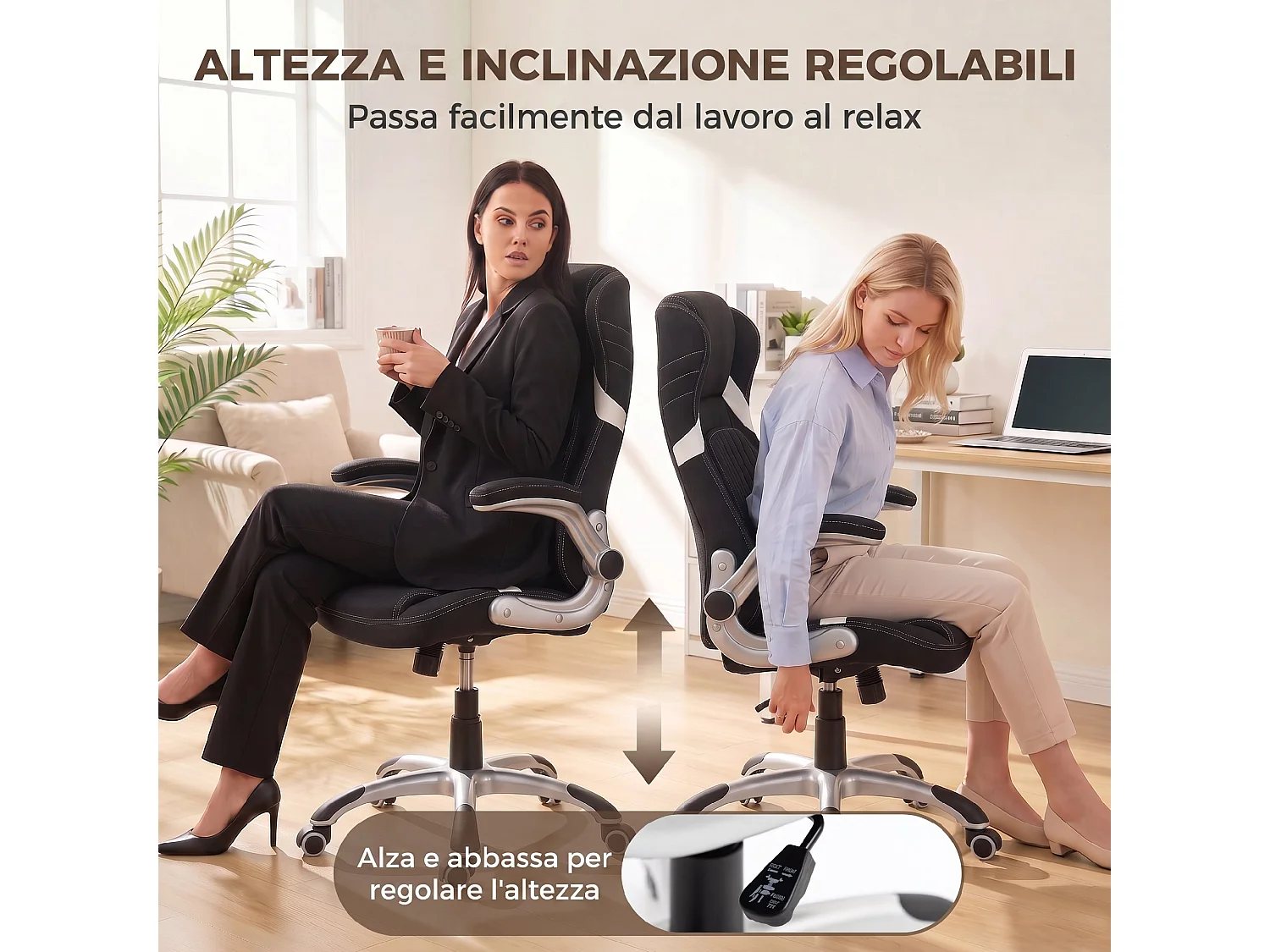 Sedia da ufficio ergonomica girevole in tessuto effetto lino nero