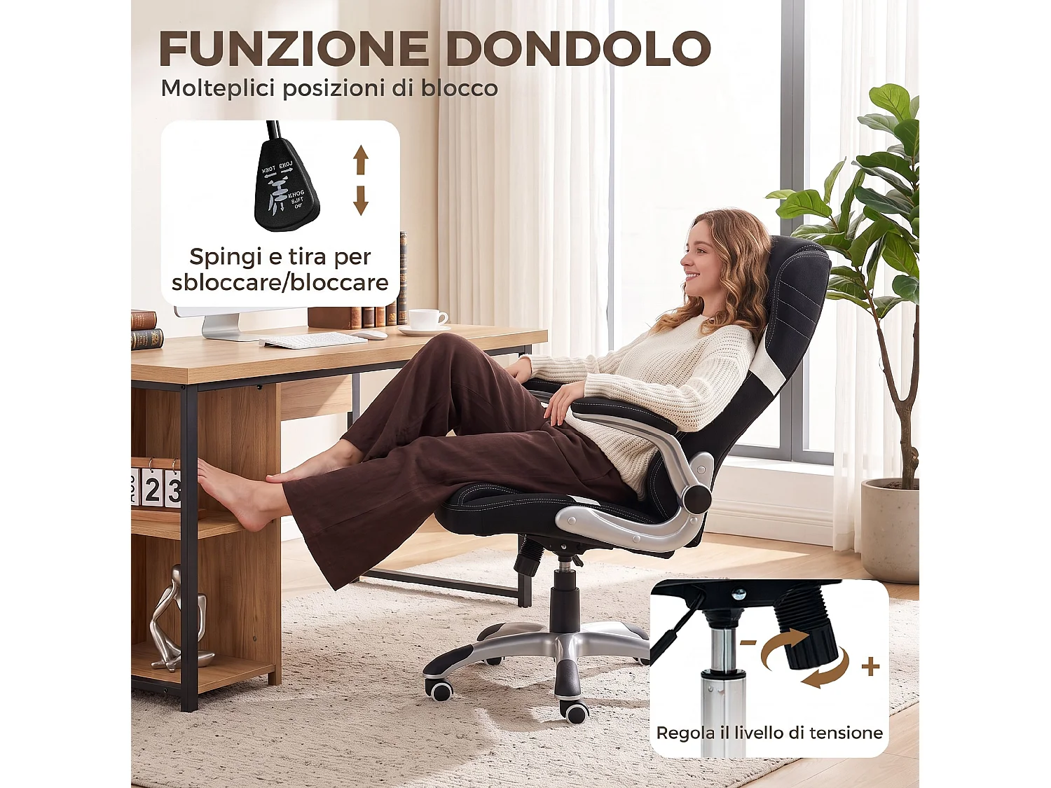 Sedia da ufficio ergonomica girevole in tessuto effetto lino nero