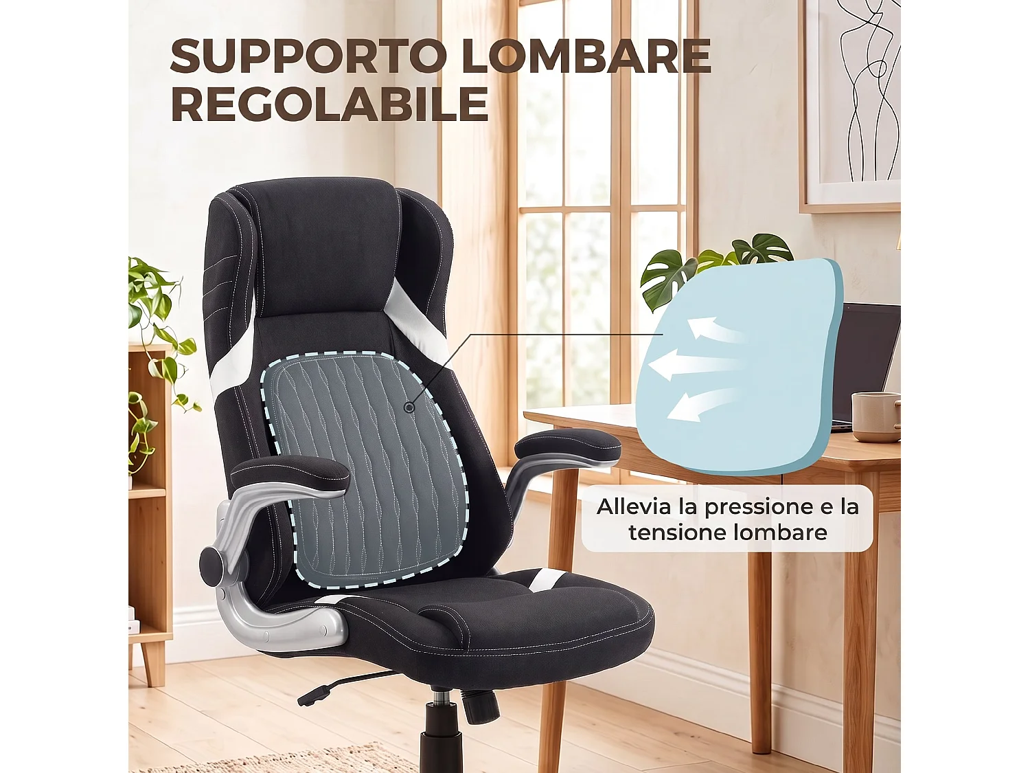 Sedia da ufficio ergonomica girevole in tessuto effetto lino nero