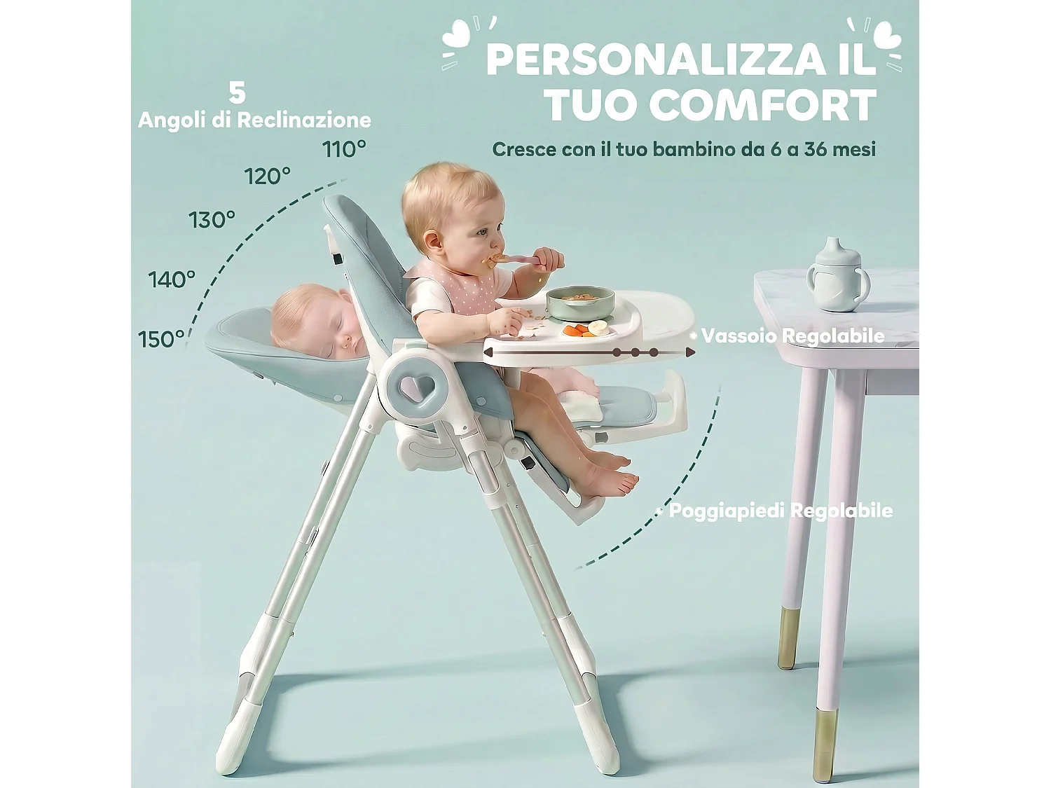 Seggiolone pappa pieghevole per bambini con altezza regolabile verde