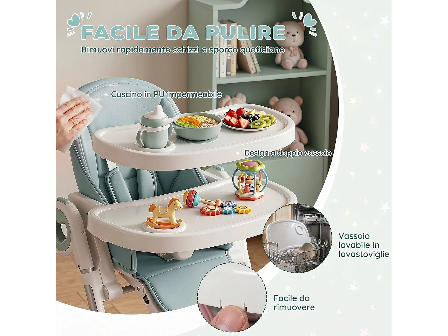 Seggiolone pappa pieghevole per bambini con altezza regolabile verde