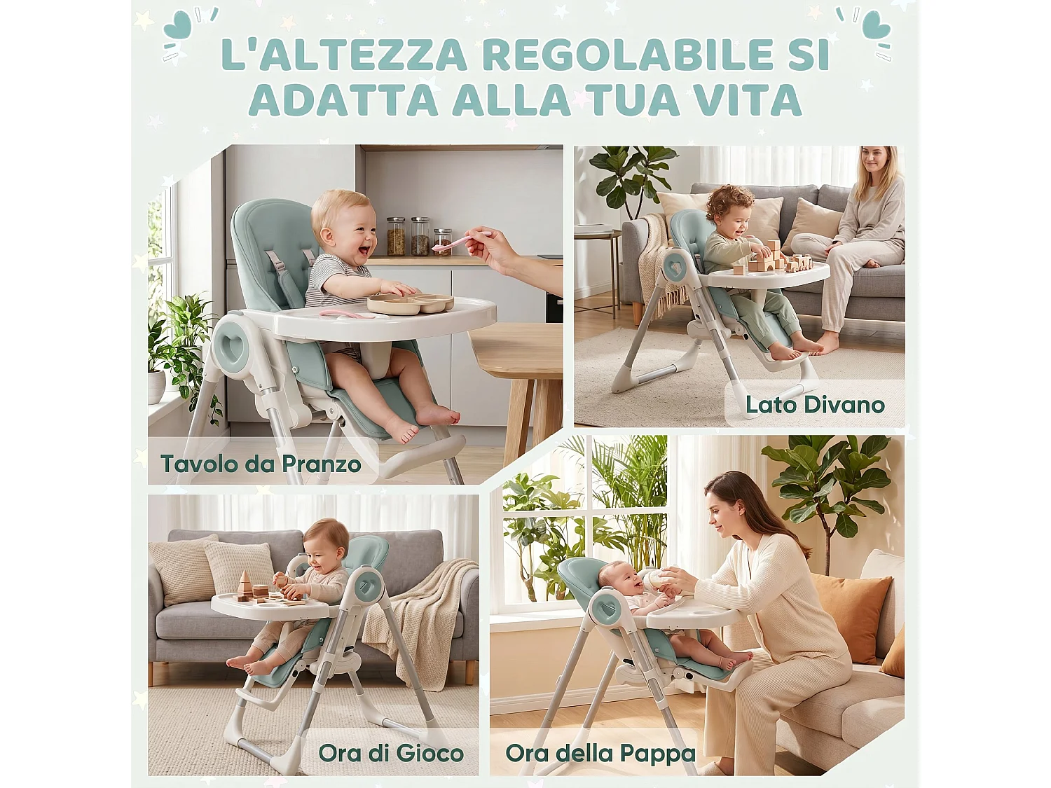 Seggiolone pappa pieghevole per bambini con altezza regolabile verde