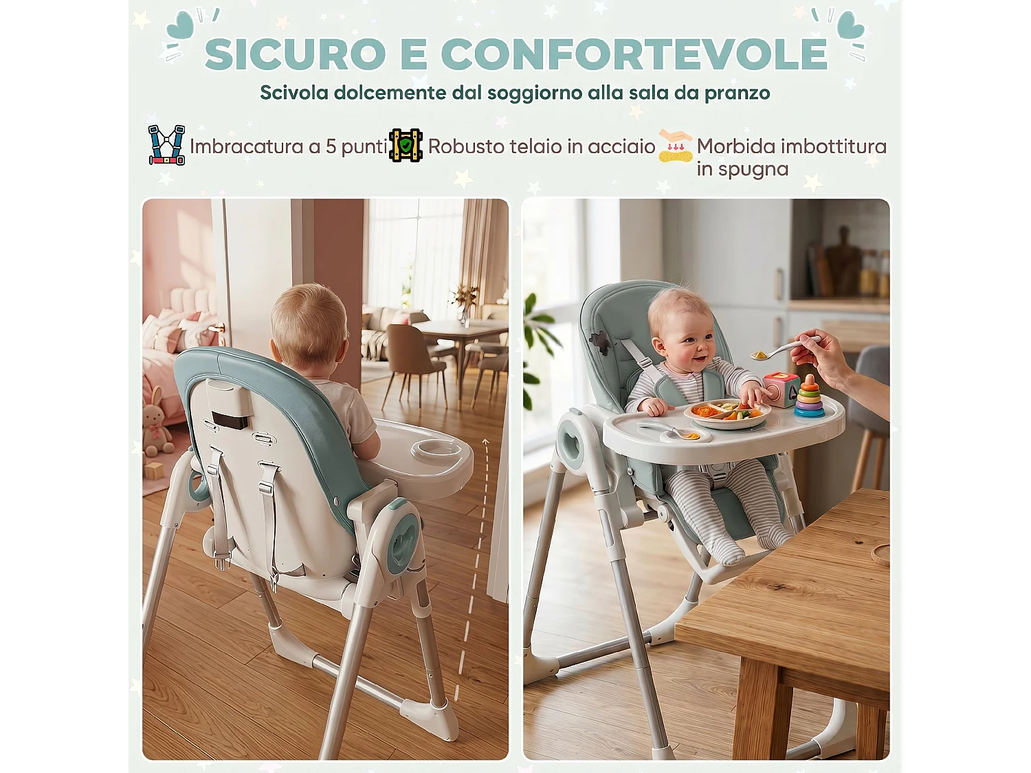 Seggiolone pappa pieghevole per bambini con altezza regolabile verde