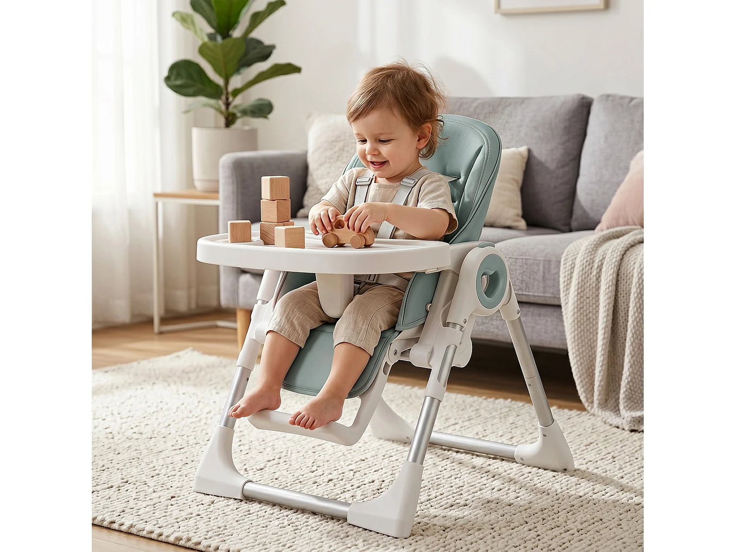 Seggiolone pappa pieghevole per bambini con altezza regolabile verde