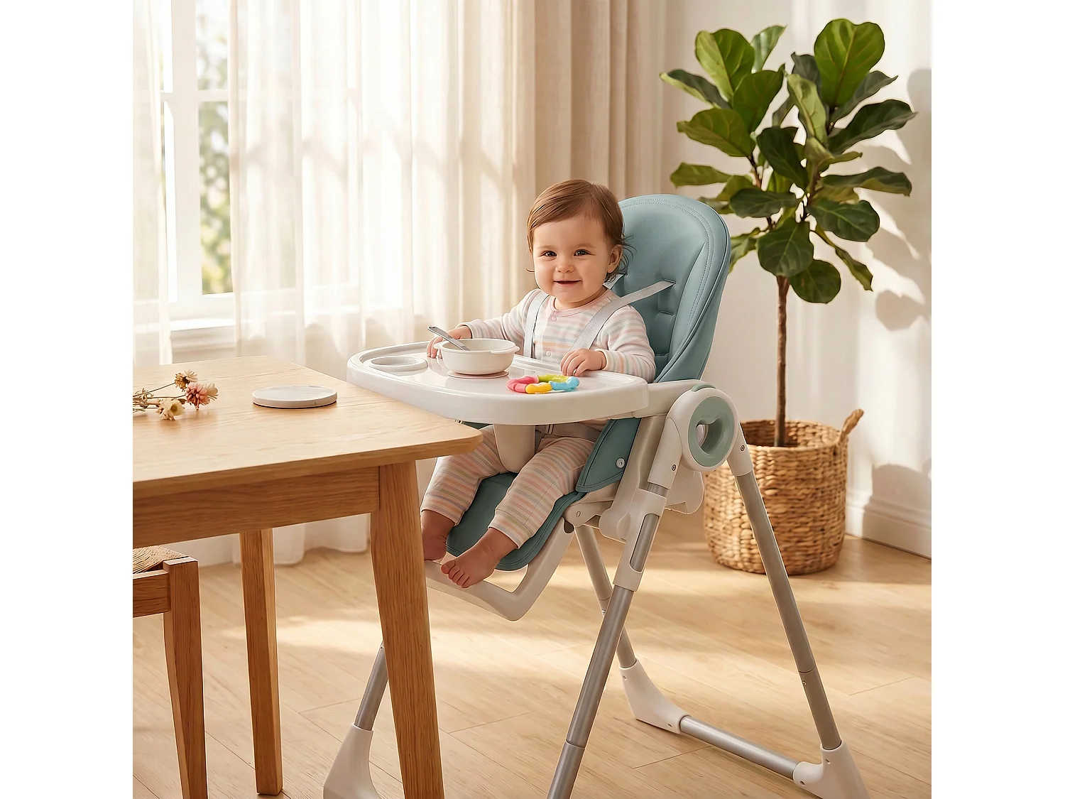 Seggiolone pappa pieghevole per bambini con altezza regolabile verde
