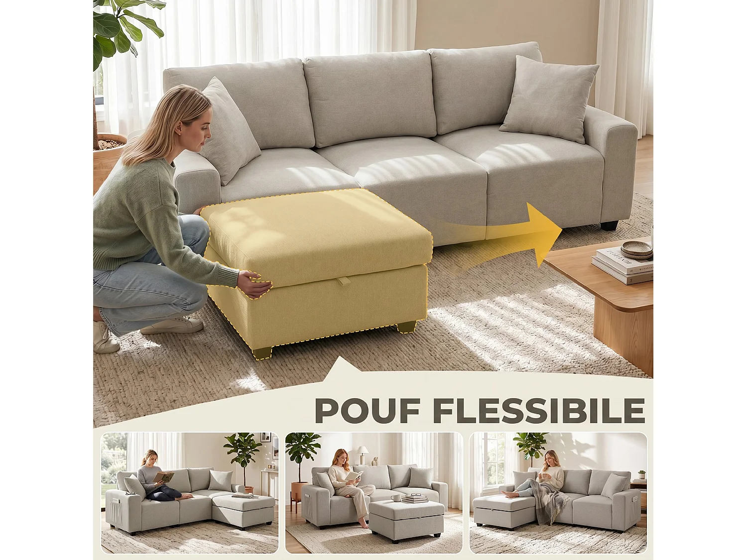 Divano angolare 3 posti con poggiapiedi in tessuto effetto lino beige