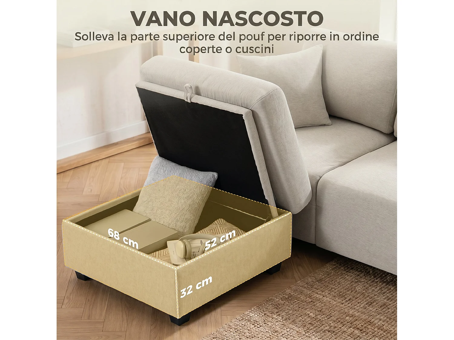 Divano angolare 3 posti con poggiapiedi in tessuto effetto lino beige