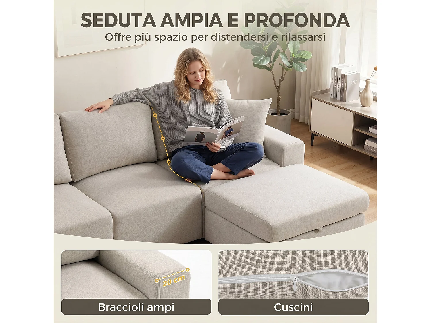 Divano angolare 3 posti con poggiapiedi in tessuto effetto lino beige