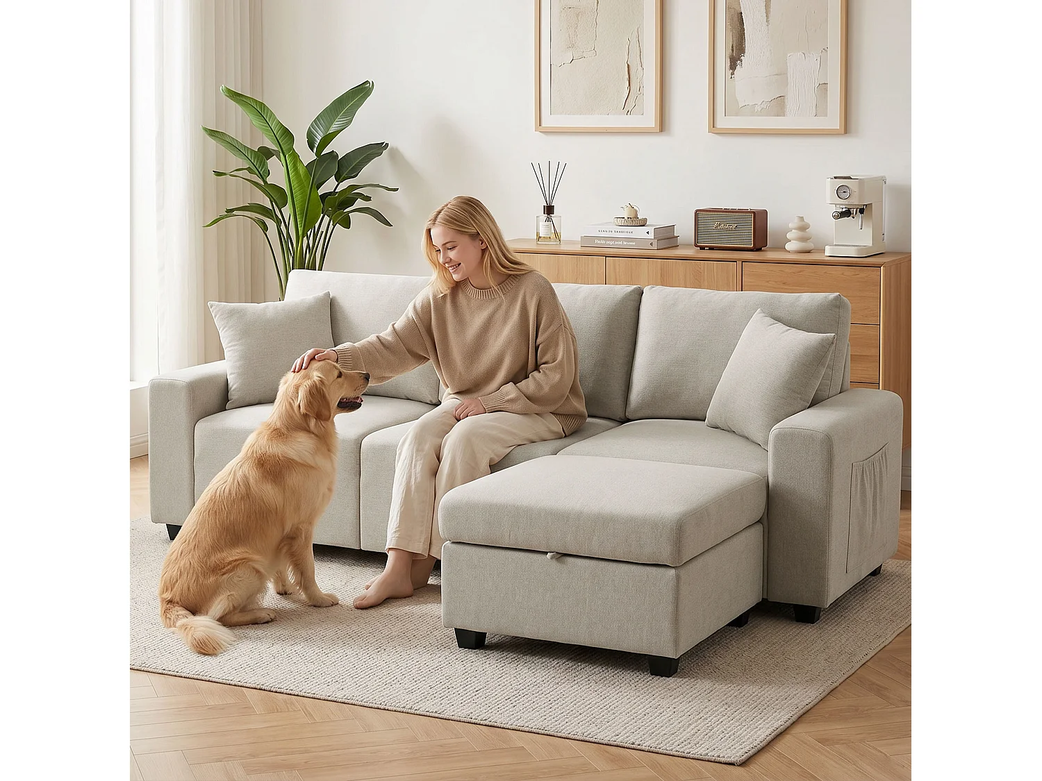 Divano angolare 3 posti con poggiapiedi in tessuto effetto lino beige