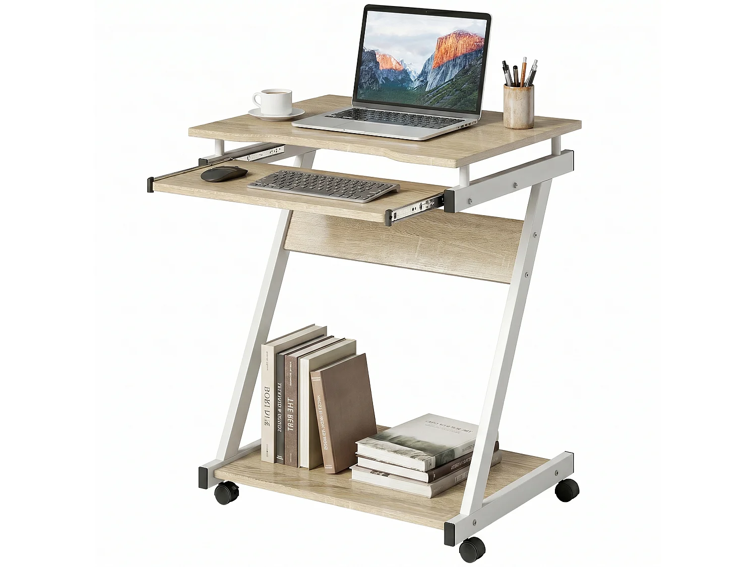 Scrivania per computer con 4 ruote in legno rovere