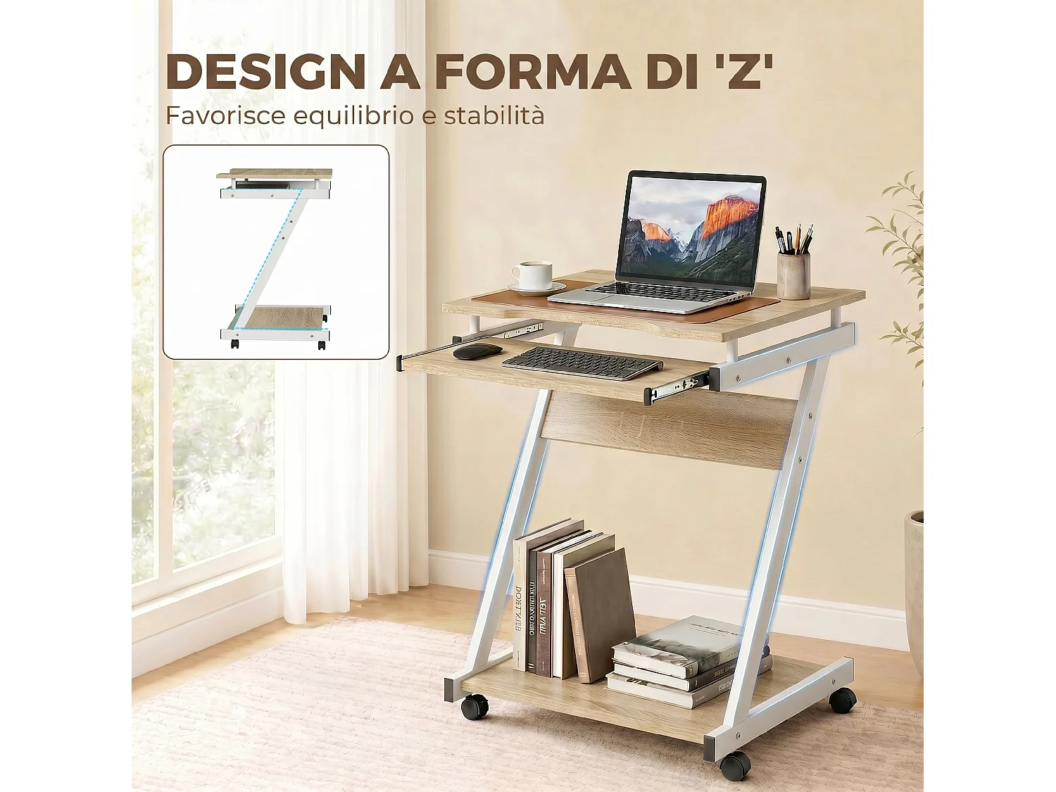Scrivania per computer con 4 ruote in legno rovere