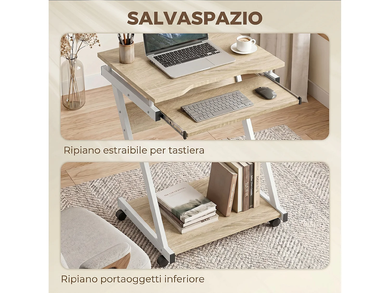 Scrivania per computer con 4 ruote in legno rovere