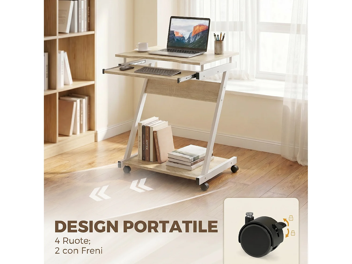 Scrivania per computer con 4 ruote in legno rovere