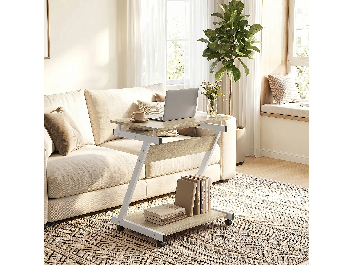 Scrivania per computer con 4 ruote in legno rovere