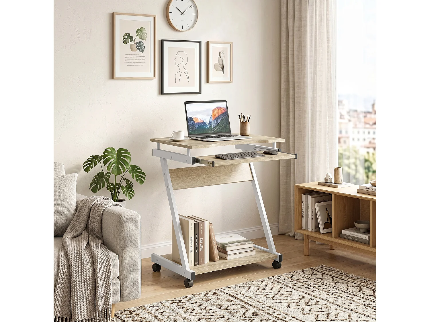 Scrivania per computer con 4 ruote in legno rovere