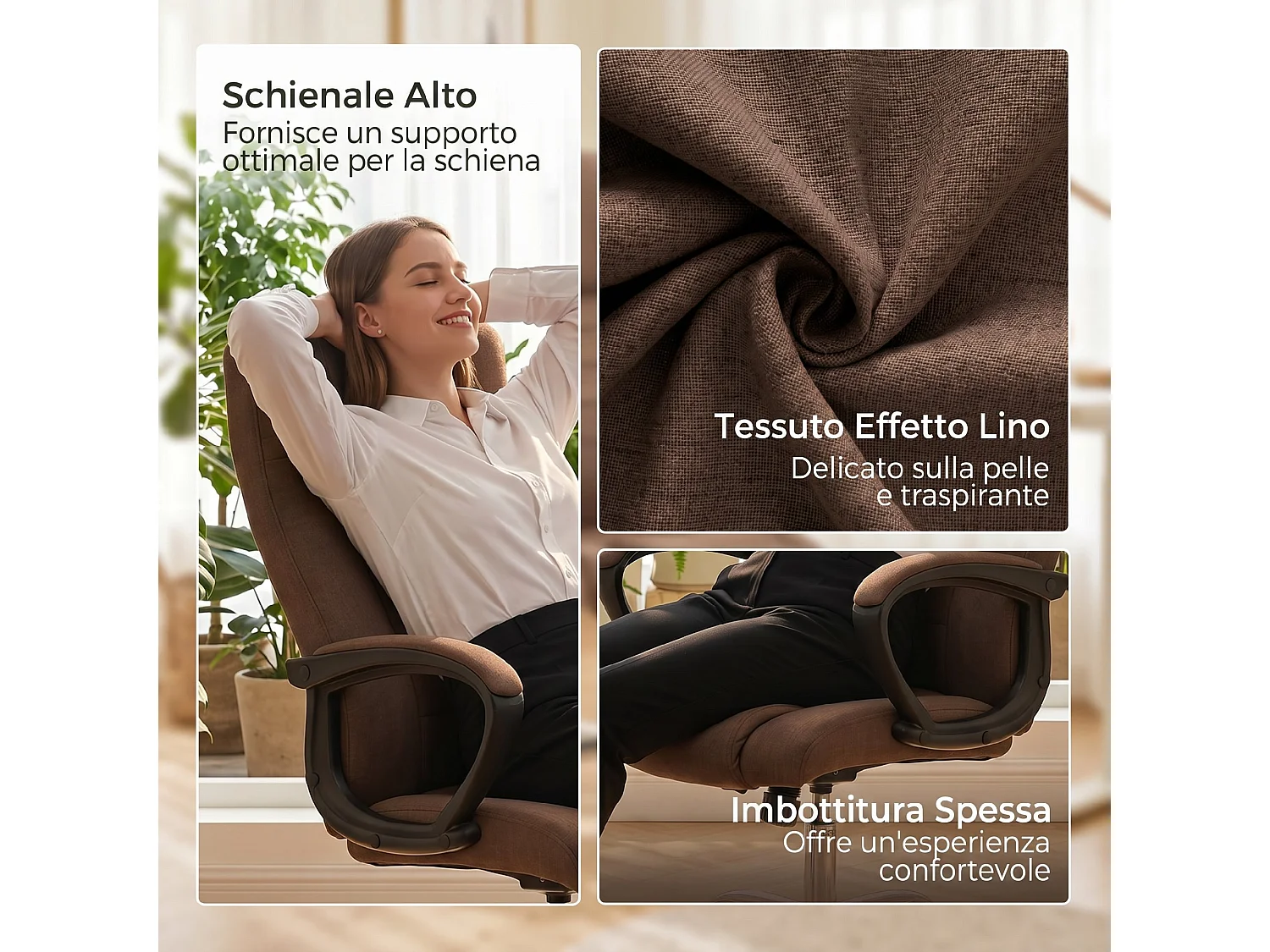 Sedia da ufficio inclinabile girevole in tessuto effetto lino marrone