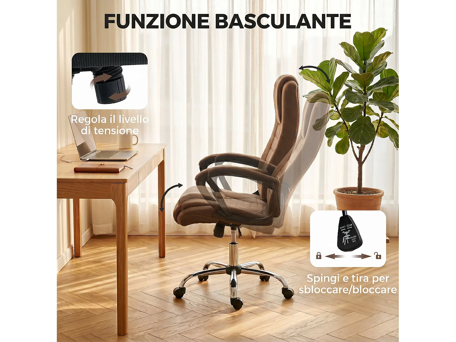 Sedia da ufficio inclinabile girevole in tessuto effetto lino marrone