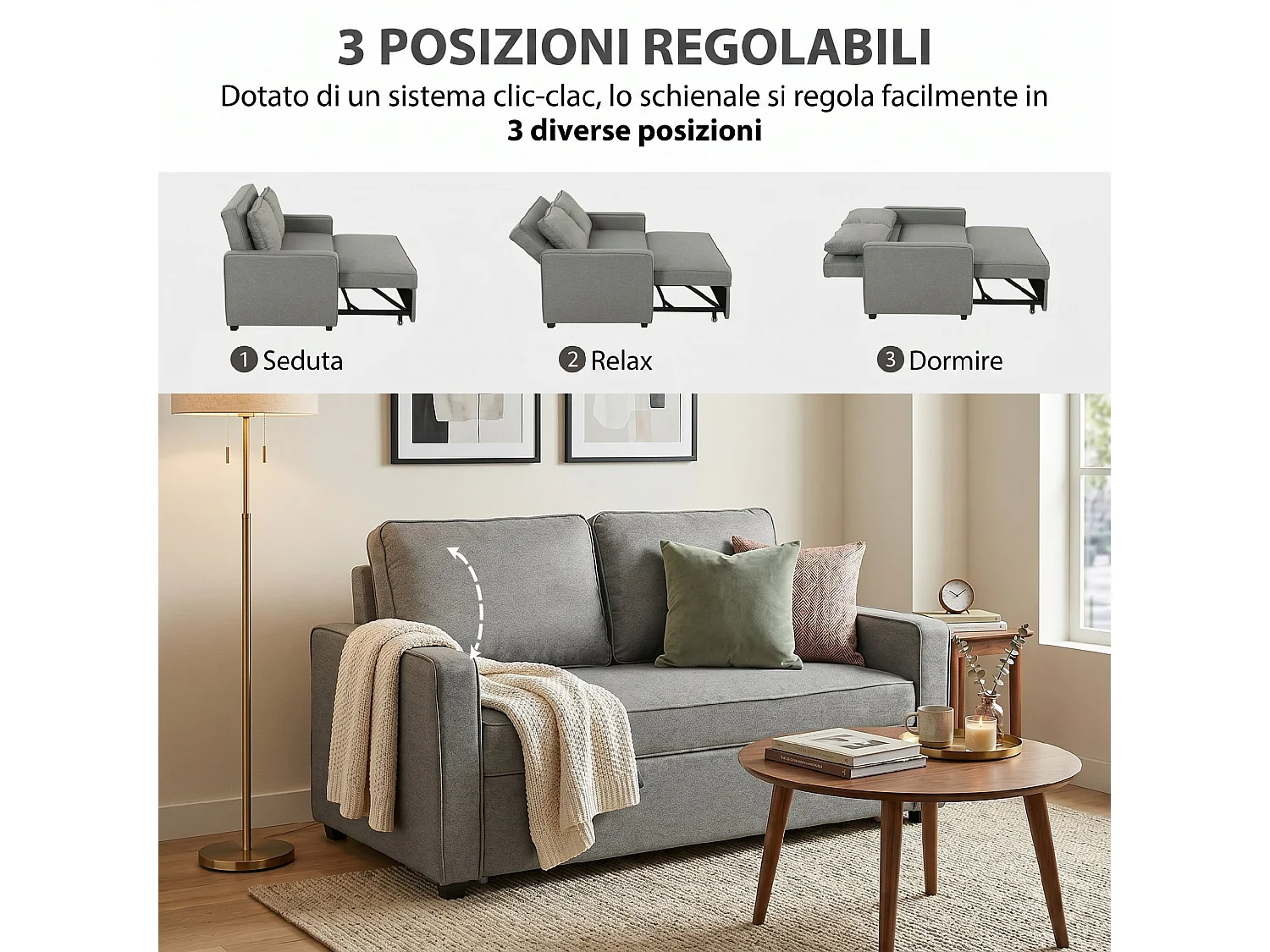 Divano letto 2 posti in tessuto effetto lino con 2 cuscini grigio