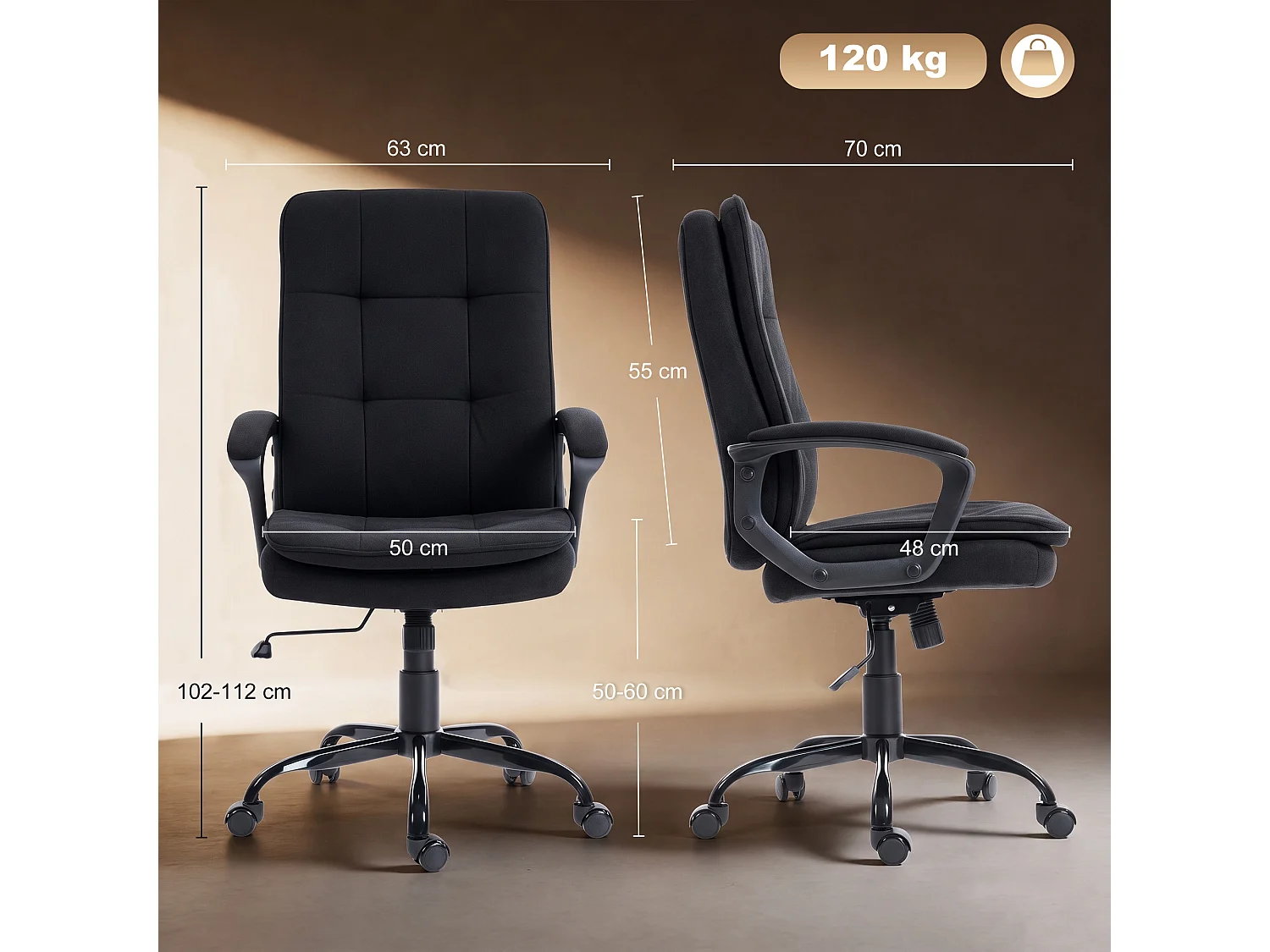 Sedia ufficio girevole altezza regolabile in tessuto effetto lino nero