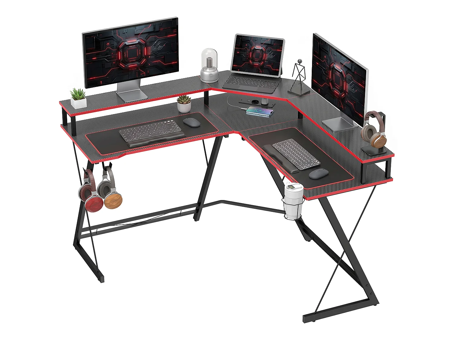 Scrivania da gaming angolare con supporto monitor in metallo nero