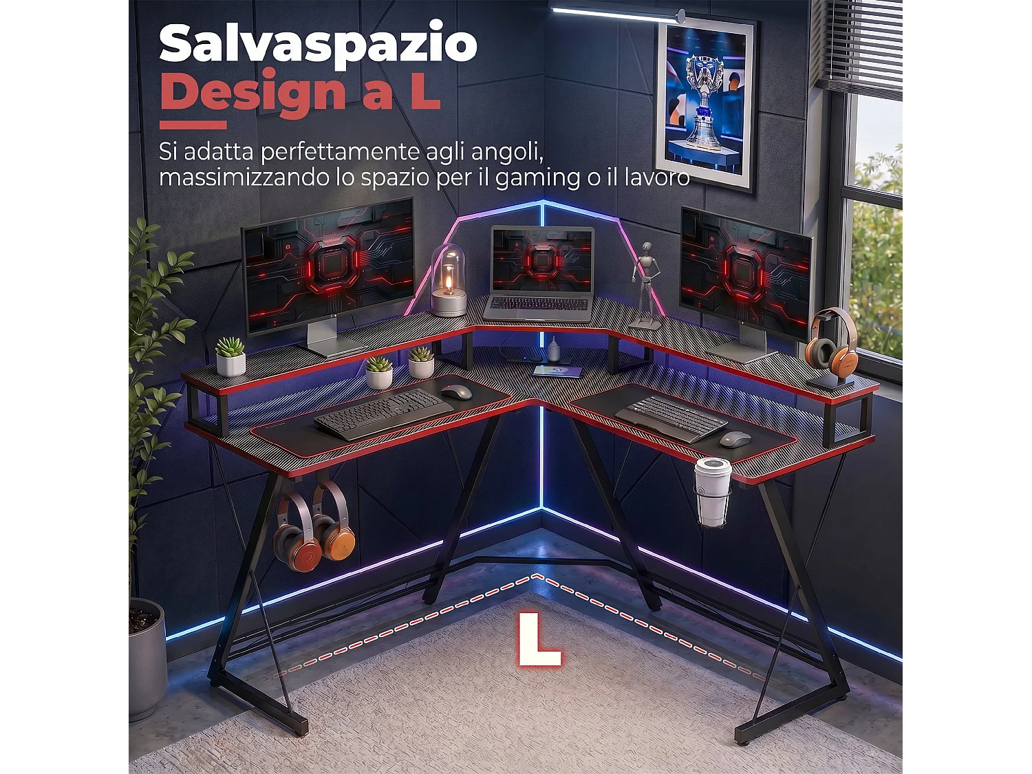 Scrivania da gaming angolare con supporto monitor in metallo nero