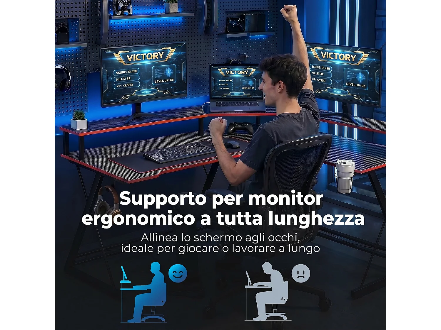 Scrivania da gaming angolare con supporto monitor in metallo nero