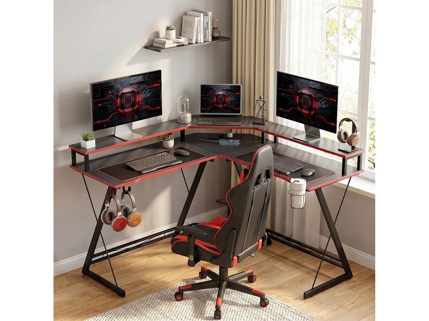 Scrivania da gaming angolare con supporto monitor in metallo nero