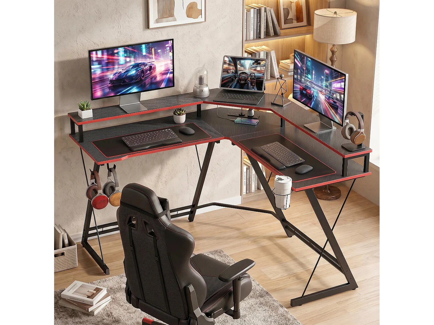 Scrivania da gaming angolare con supporto monitor in metallo nero