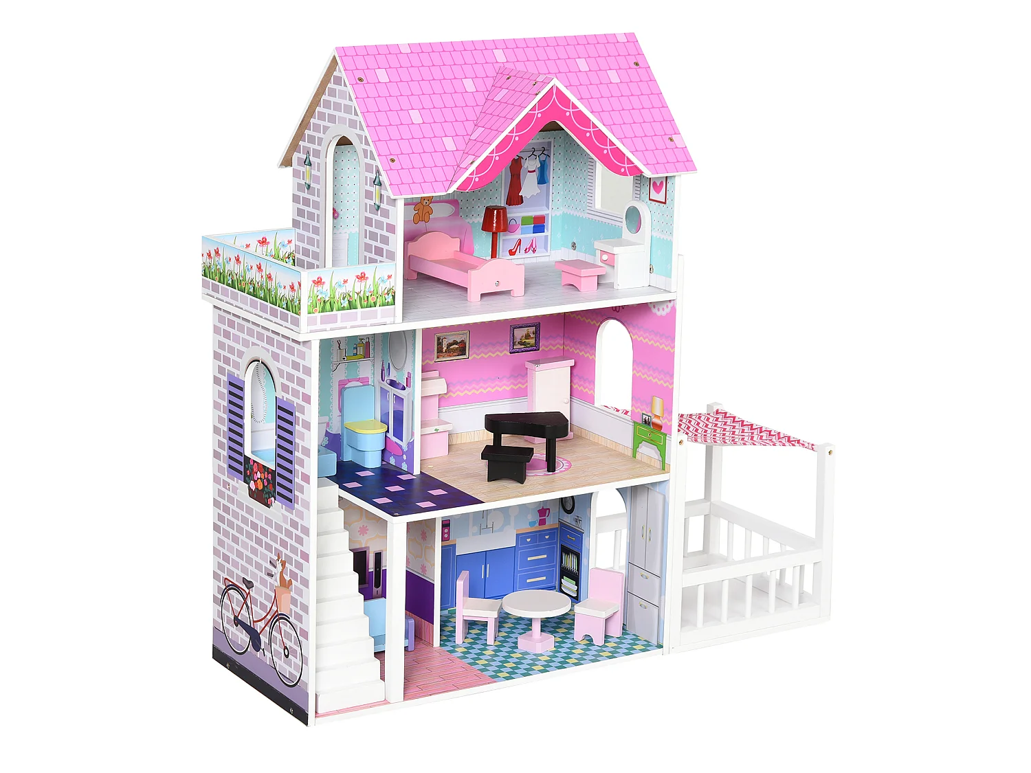 Casa delle Bambole in Legno per Bambinia a 3 Piani con 13 Accessori