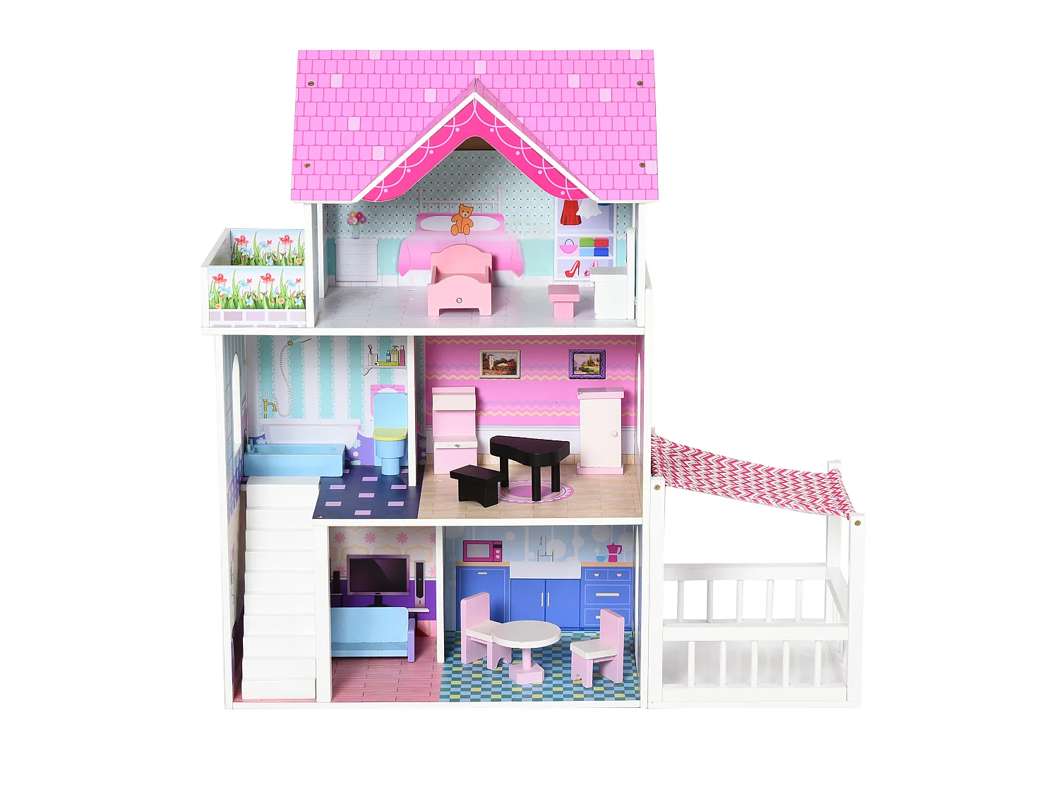Casa delle Bambole in Legno per Bambinia a 3 Piani con 13 Accessori