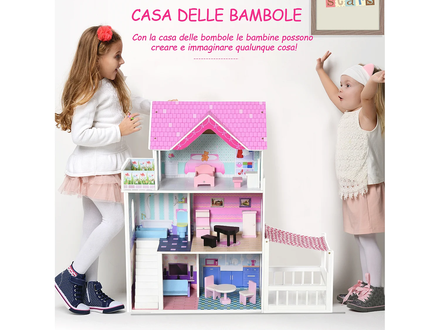 Casa delle Bambole in Legno per Bambinia a 3 Piani con 13 Accessori