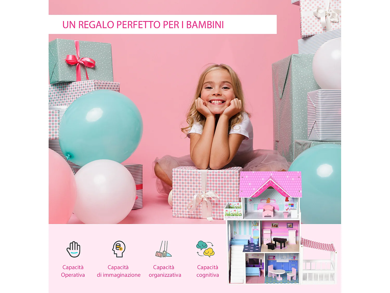 Casa delle Bambole in Legno per Bambinia a 3 Piani con 13 Accessori