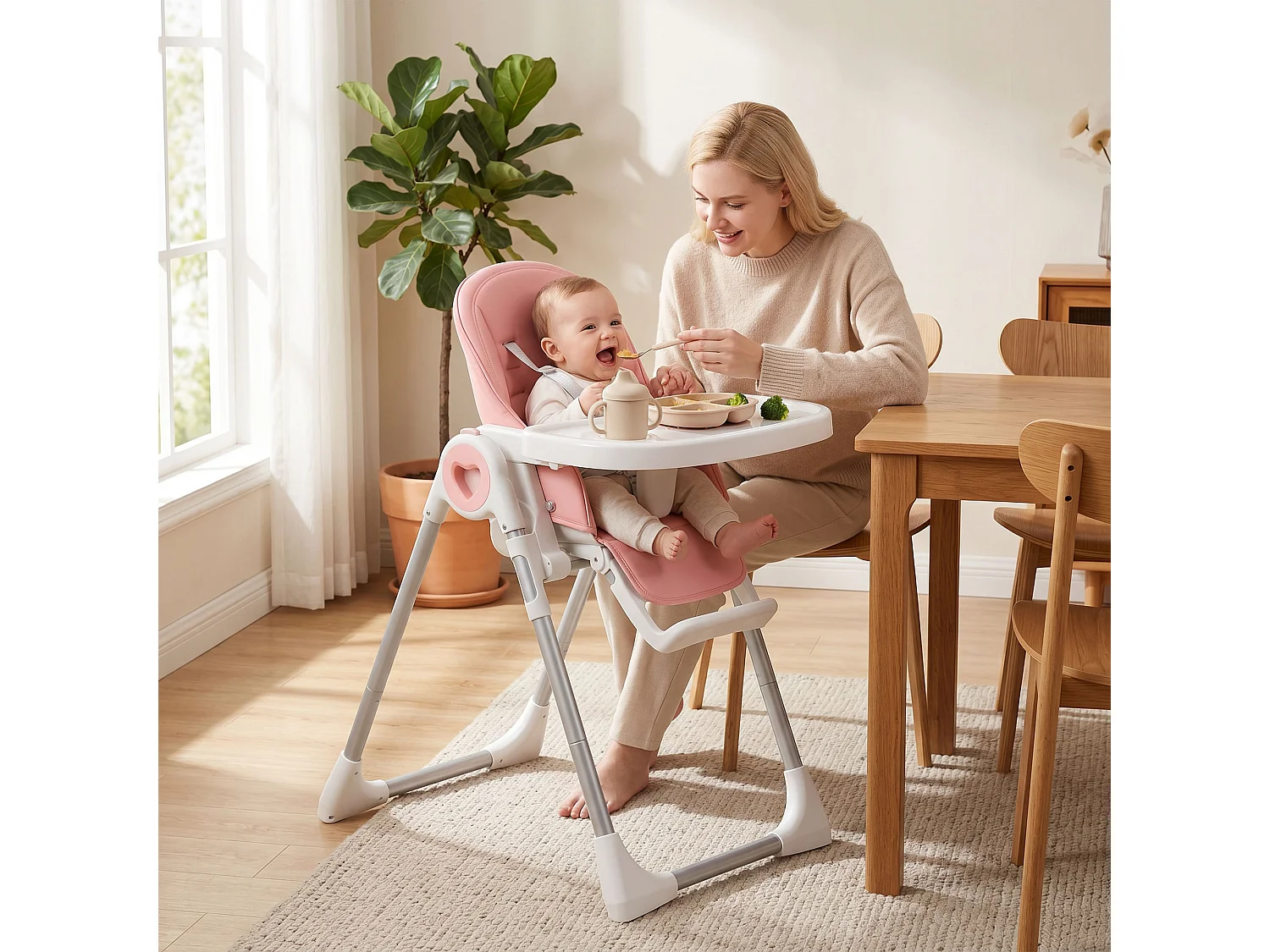 Seggiolone pappa pieghevole per bambini con altezza regolabile rosa