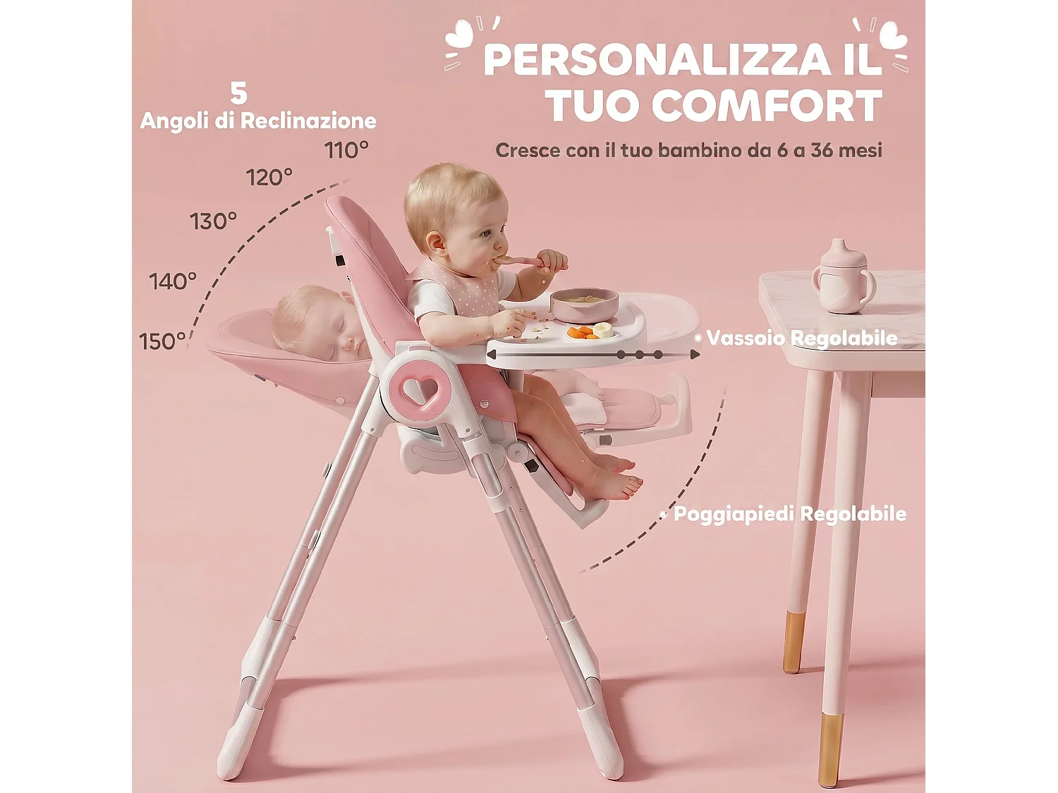 Seggiolone pappa pieghevole per bambini con altezza regolabile rosa
